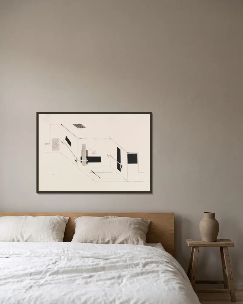Der Prounenraum – Blatt 5 der I. Kestnermappe, Proun av El Lissitzky inramad på en vägg