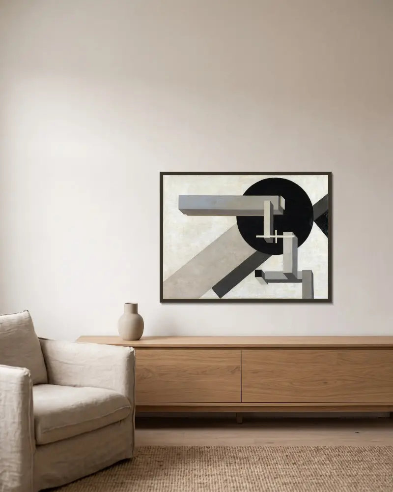Proun 1D av El Lissitzky inramad på en vägg