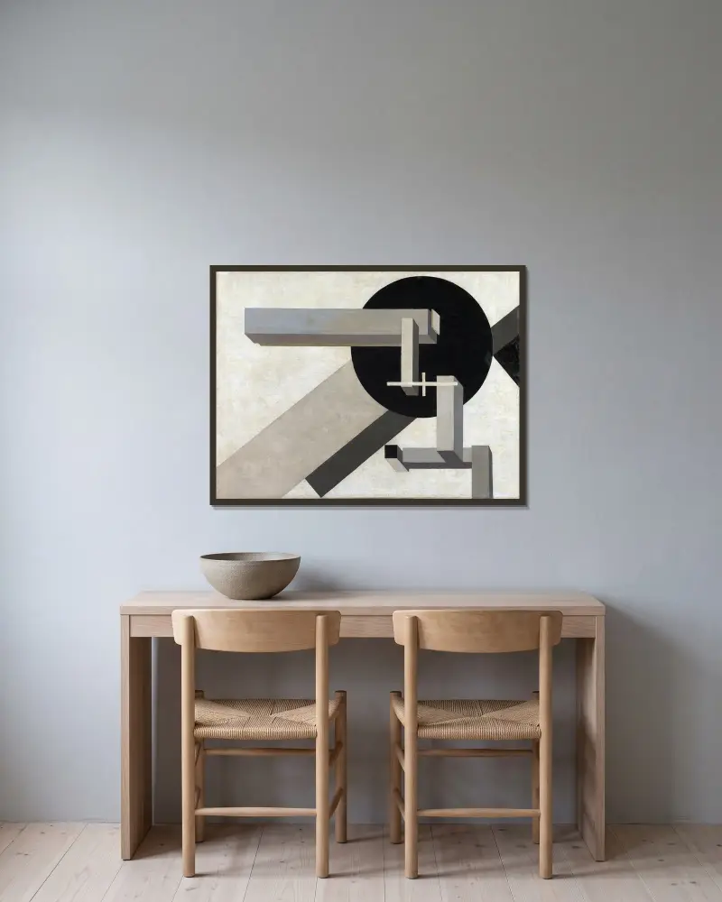 Proun 1D av El Lissitzky inramad på en vägg