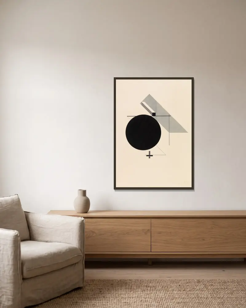 Proun IV – Blad 4 ur I. Kestnermappen, Proun av El Lissitzky inramad på en vägg