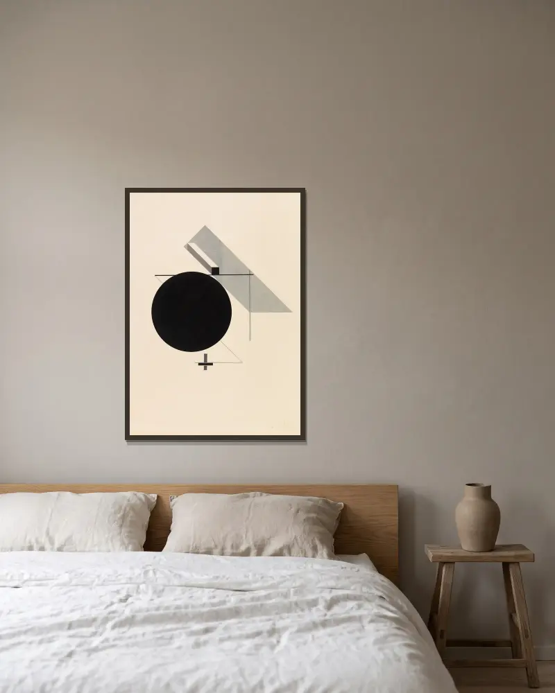 Proun IV – Blad 4 ur I. Kestnermappen, Proun av El Lissitzky inramad på en vägg
