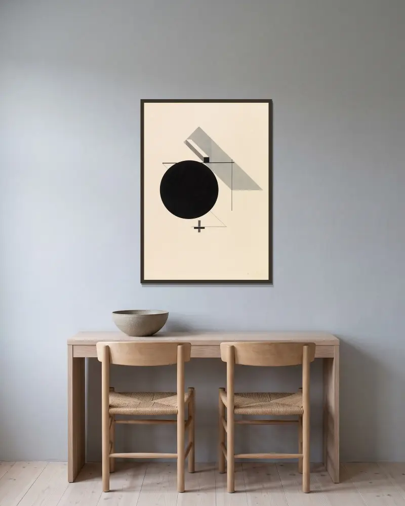 Proun IV – Blad 4 ur I. Kestnermappen, Proun av El Lissitzky inramad på en vägg