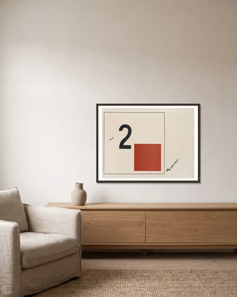 Suprematisk framställning av två kvadrater i 6 konstruktioner, blad 2 av El Lissitzky inramad på en vägg