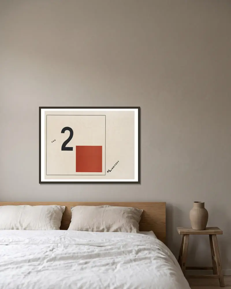 Suprematisk framställning av två kvadrater i 6 konstruktioner, blad 2 av El Lissitzky inramad på en vägg
