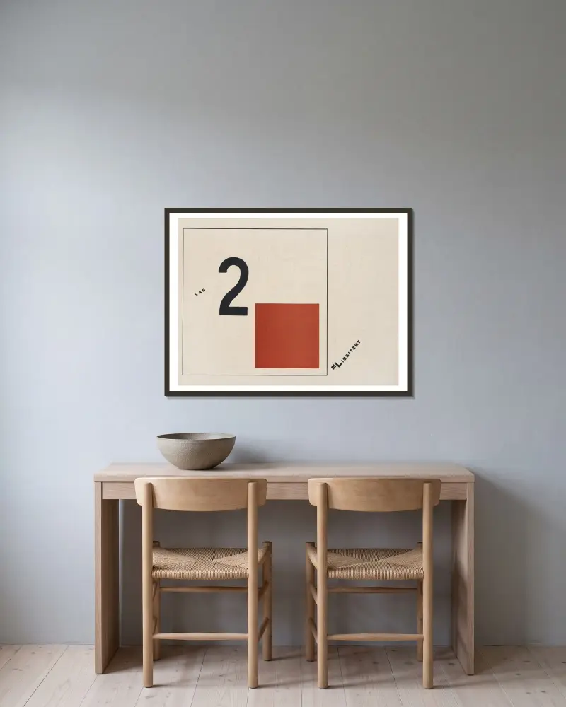Suprematisk framställning av två kvadrater i 6 konstruktioner, blad 2 av El Lissitzky inramad på en vägg
