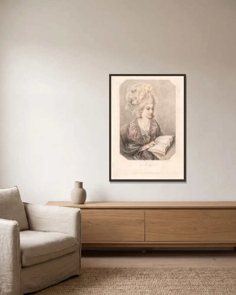 Ein Porträt (junge Frau, ein Buch lesend) von Elias Martin gerahmt an einer Wand