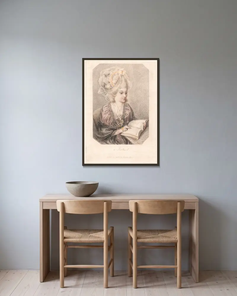 Ein Porträt (junge Frau, ein Buch lesend) von Elias Martin gerahmt an einer Wand