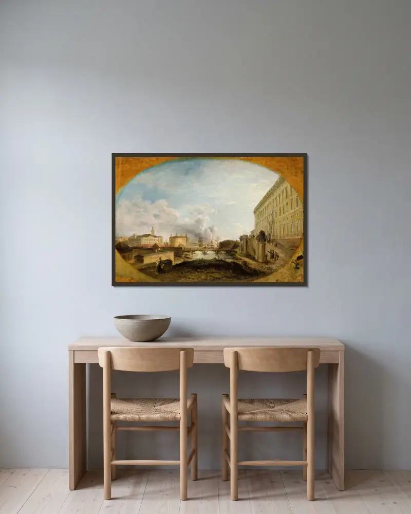 Vy över Stockholm I av Elias Martin inramad på en vägg