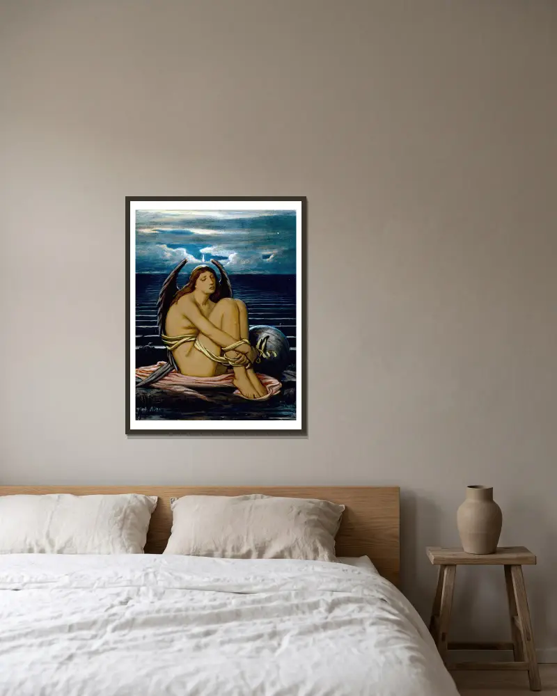 Själen i bojor av Elihu Vedder inramad på en vägg