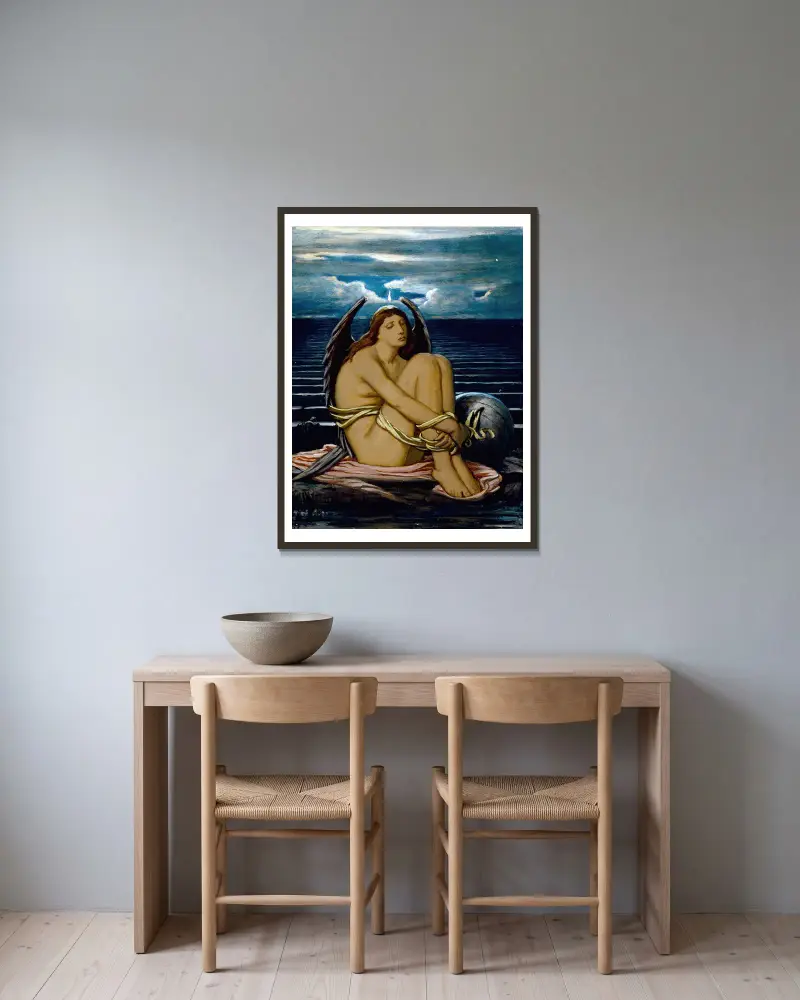 Själen i bojor av Elihu Vedder inramad på en vägg