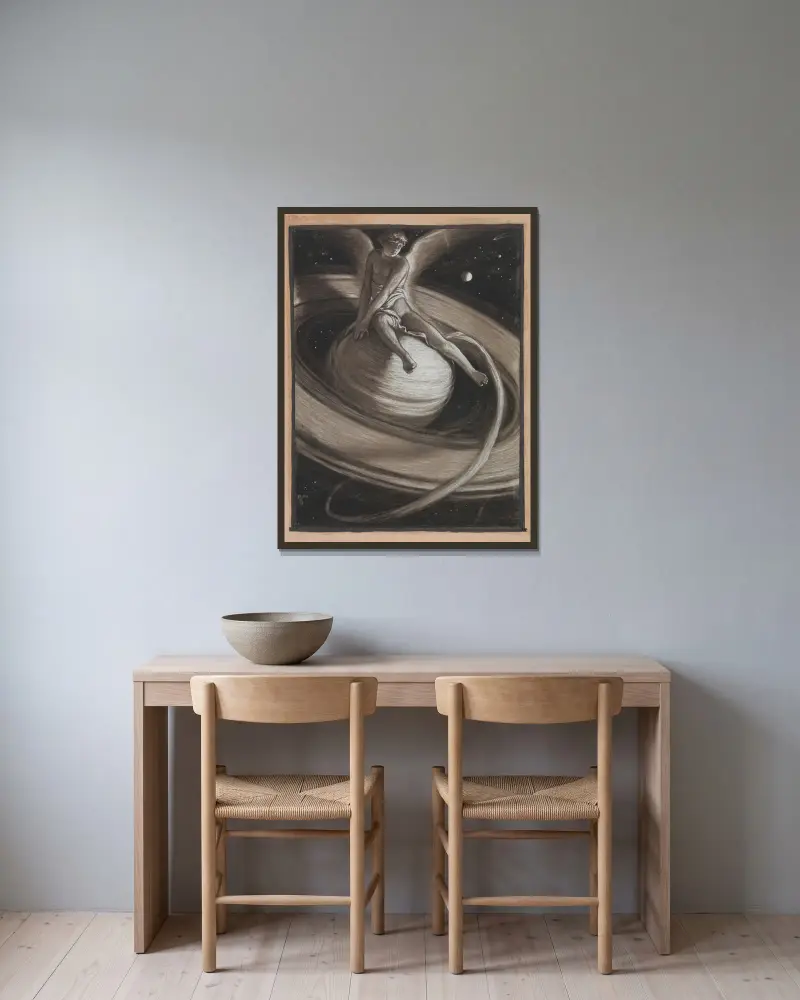 Der Thron des Saturn von Elihu Vedder gerahmt an einer Wand