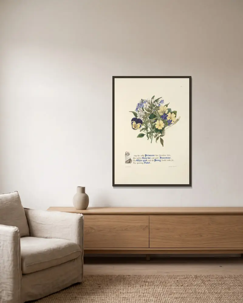Primel, Klettertörel, Jasmin. Weißrosa, Stiefmütterchen und Veilchen von Jane Elizabeth Giraud gerahmt an einer Wand