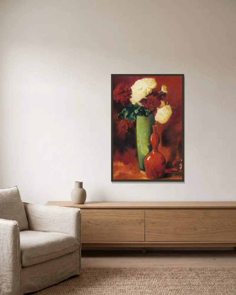 Blumenstrauß mit Vasen von Emil Carlsen gerahmt an einer Wand