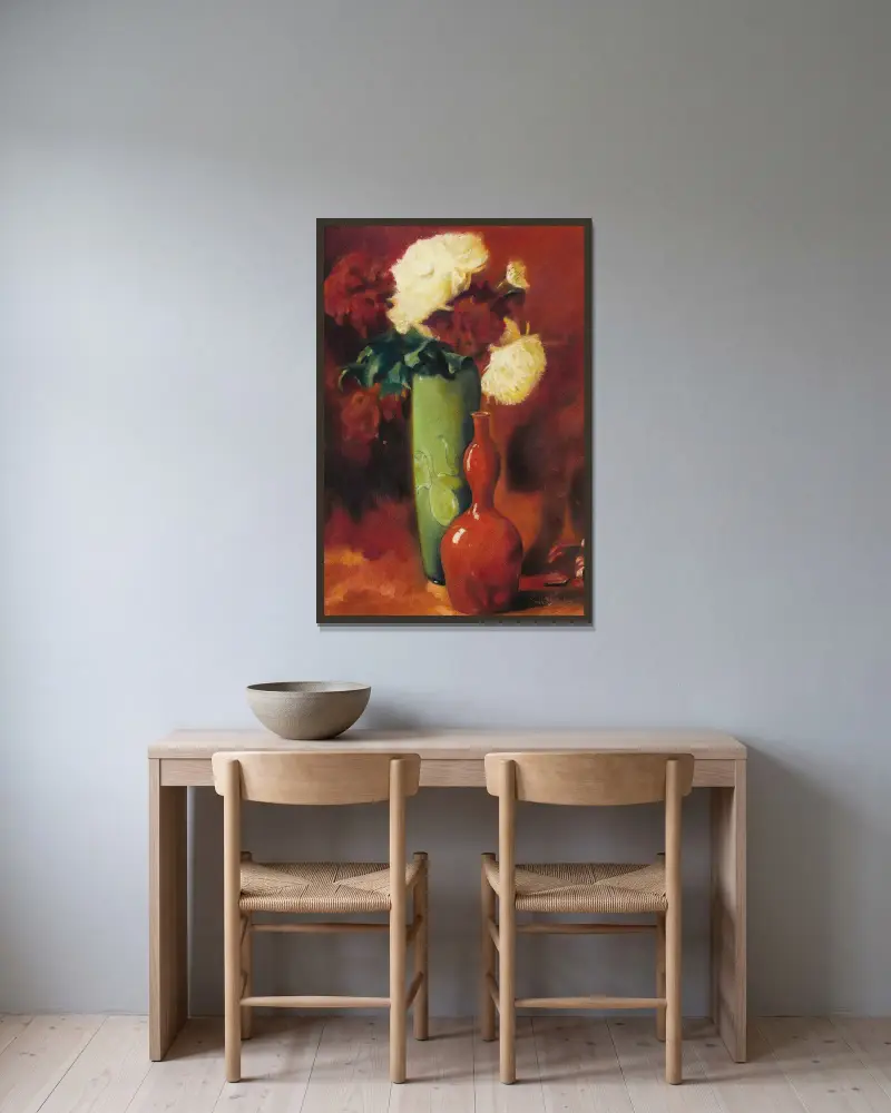 Blumenstrauß mit Vasen von Emil Carlsen gerahmt an einer Wand