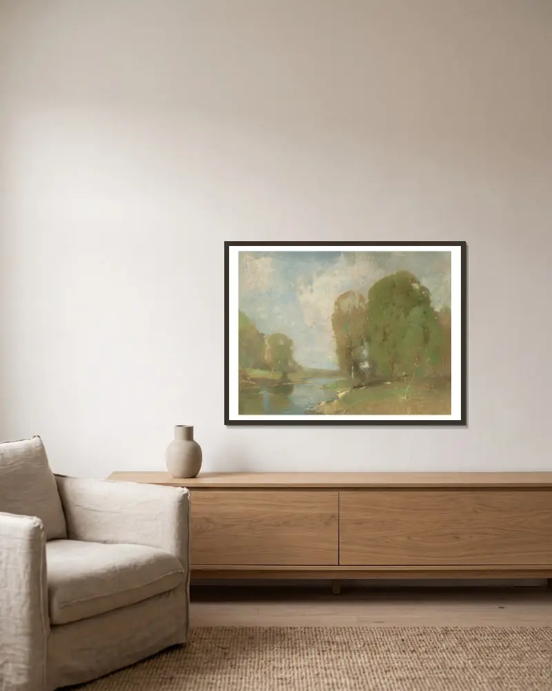 Wiesenbach von Emil Carlsen gerahmt an einer Wand