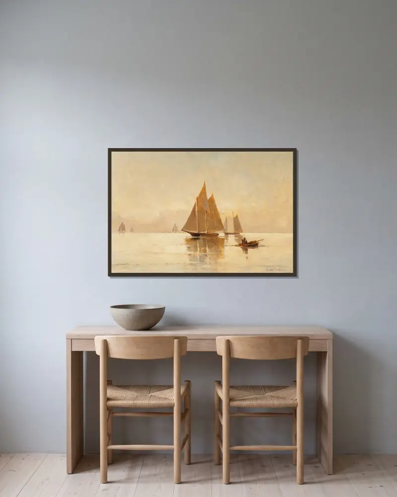 Sailboats in the Evening av Emil Carlsen inramad på en vägg