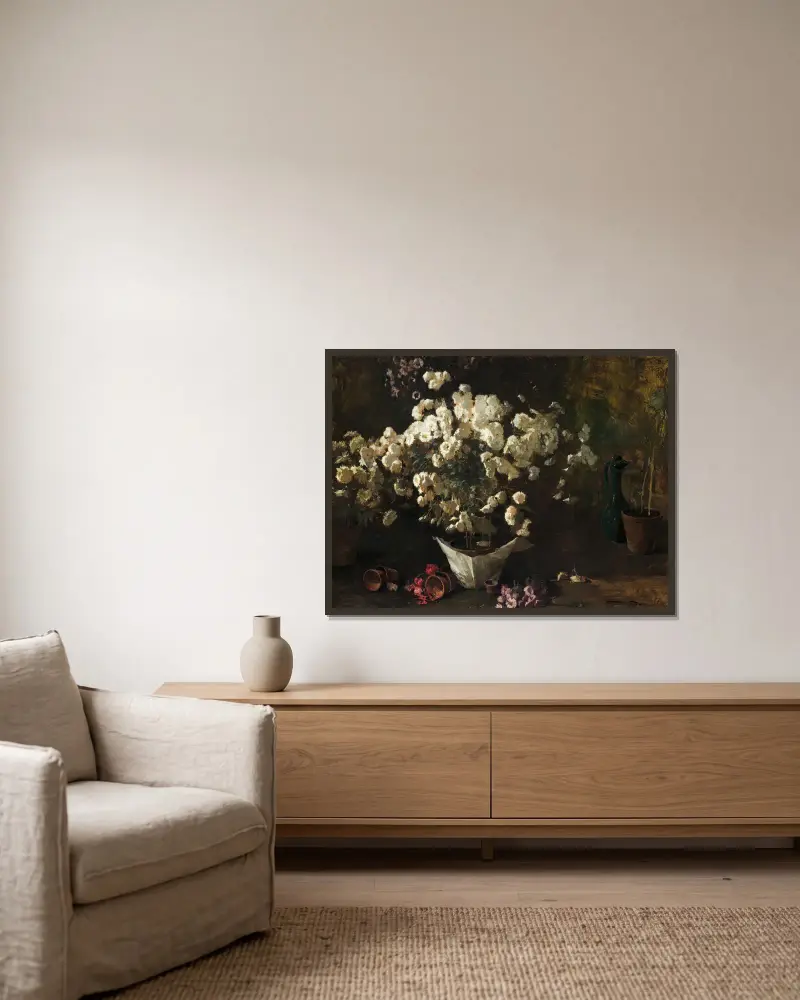 Stillleben mit Chrysanthemen von Emil Carlsen gerahmt an einer Wand