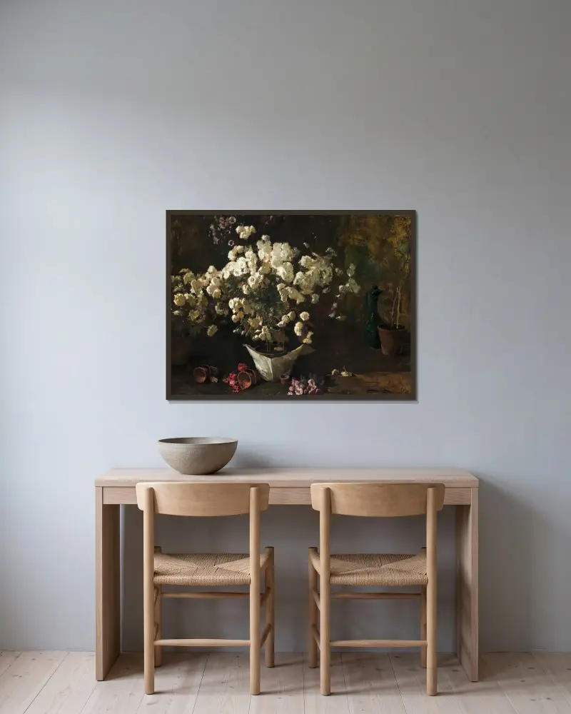 Stillleben mit Chrysanthemen von Emil Carlsen gerahmt an einer Wand