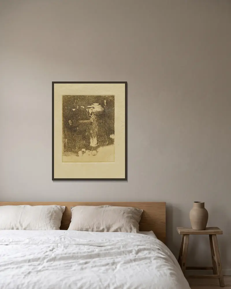 Stilleben med koppar och lök av Emil Carlsen inramad på en vägg