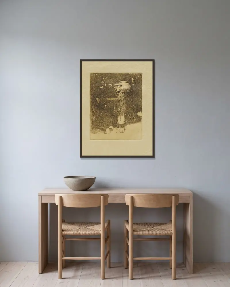 Stilleben med koppar och lök av Emil Carlsen inramad på en vägg