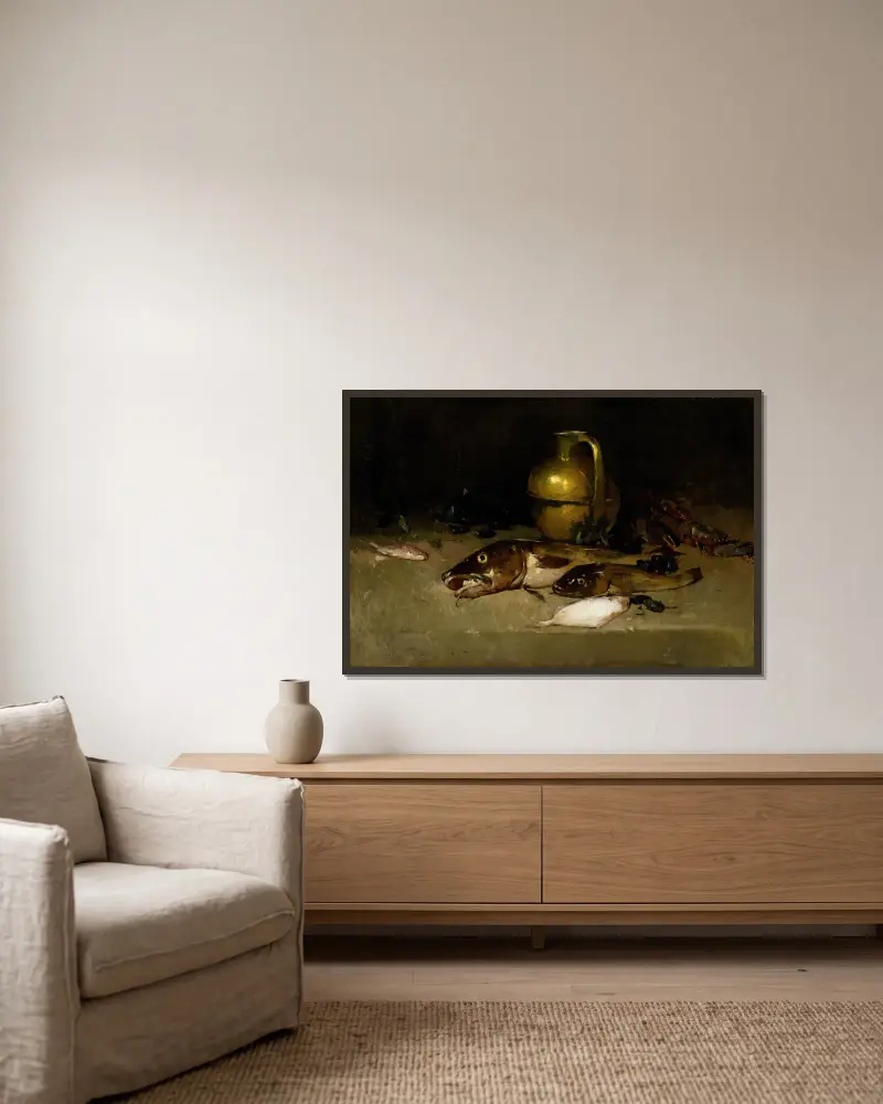 Stillleben mit Fisch von Emil Carlsen gerahmt an einer Wand