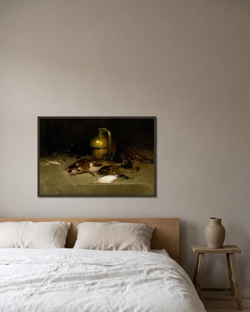 Stillleben mit Fisch von Emil Carlsen gerahmt an einer Wand