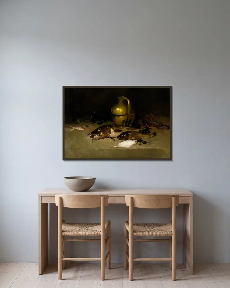 Stillleben mit Fisch von Emil Carlsen gerahmt an einer Wand