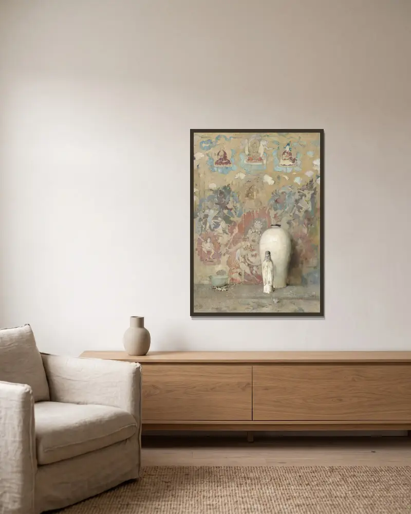 Das Bild aus Tibet von Emil Carlsen gerahmt an einer Wand
