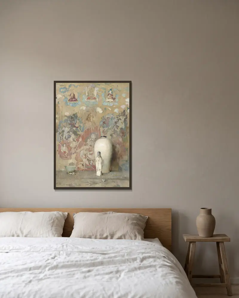 Das Bild aus Tibet von Emil Carlsen gerahmt an einer Wand