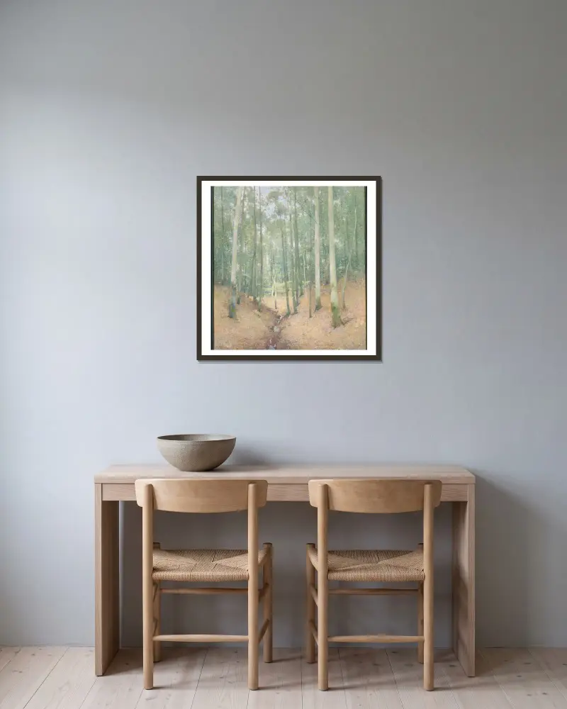 Wood Interior av Emil Carlsen inramad på en vägg