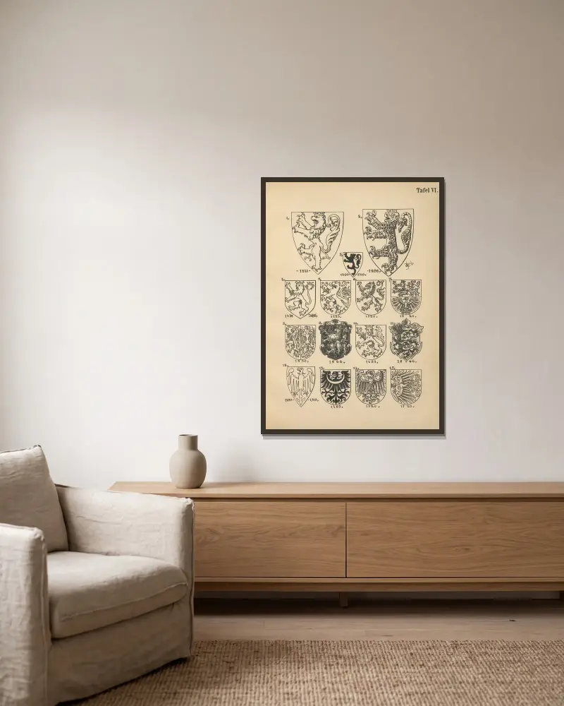 Heraldischer Handbuch für Freunde der Wappenkunst, Tafel 6 von Emil Doepler gerahmt an einer Wand