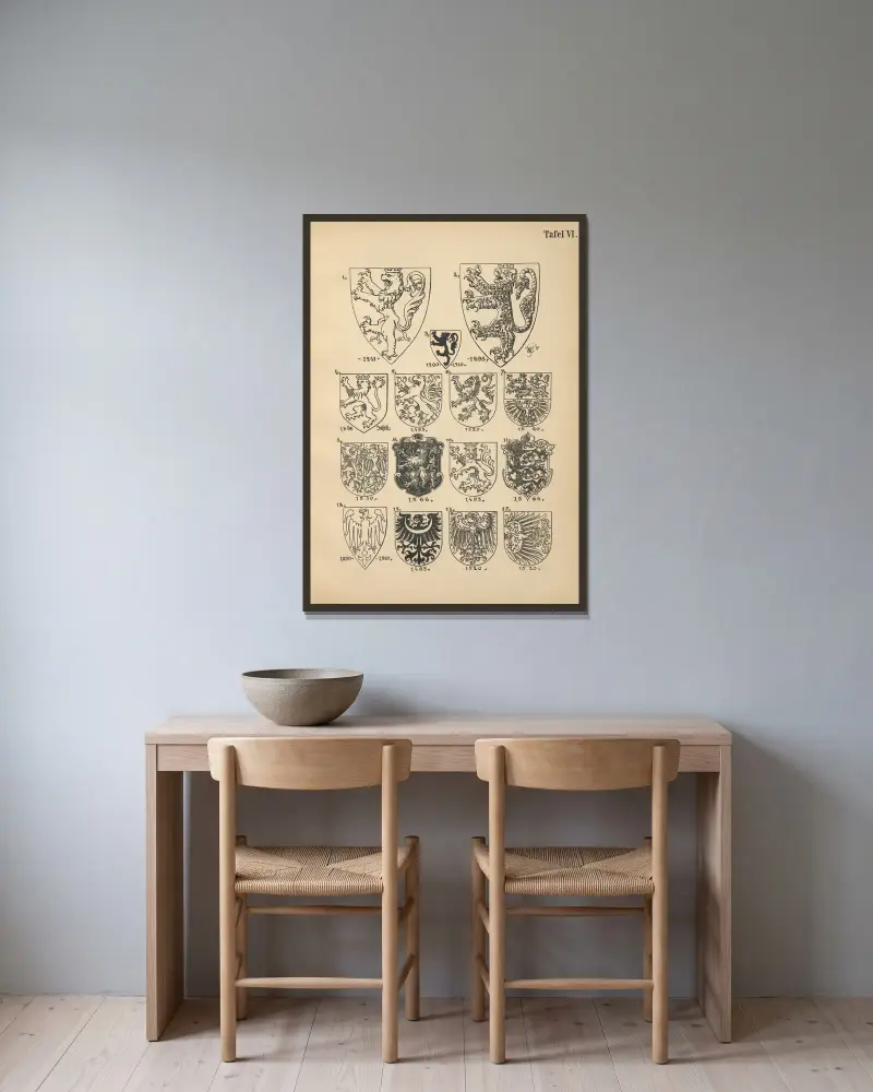 Heraldischer Handbuch für Freunde der Wappenkunst, Tafel 6 von Emil Doepler gerahmt an einer Wand
