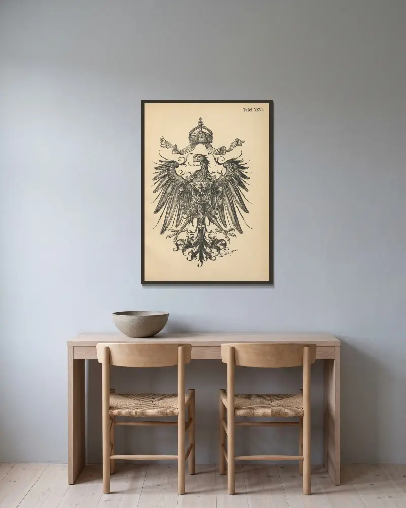 Heraldisk handbok för vänner av heraldik, plansch 25 av Emil Doepler inramad på en vägg