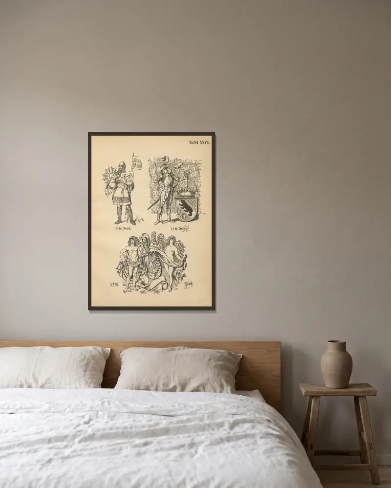 Heraldischer Handbuch für Freunde der Wappenkunst, Tafel 26 von Emil Doepler gerahmt an einer Wand