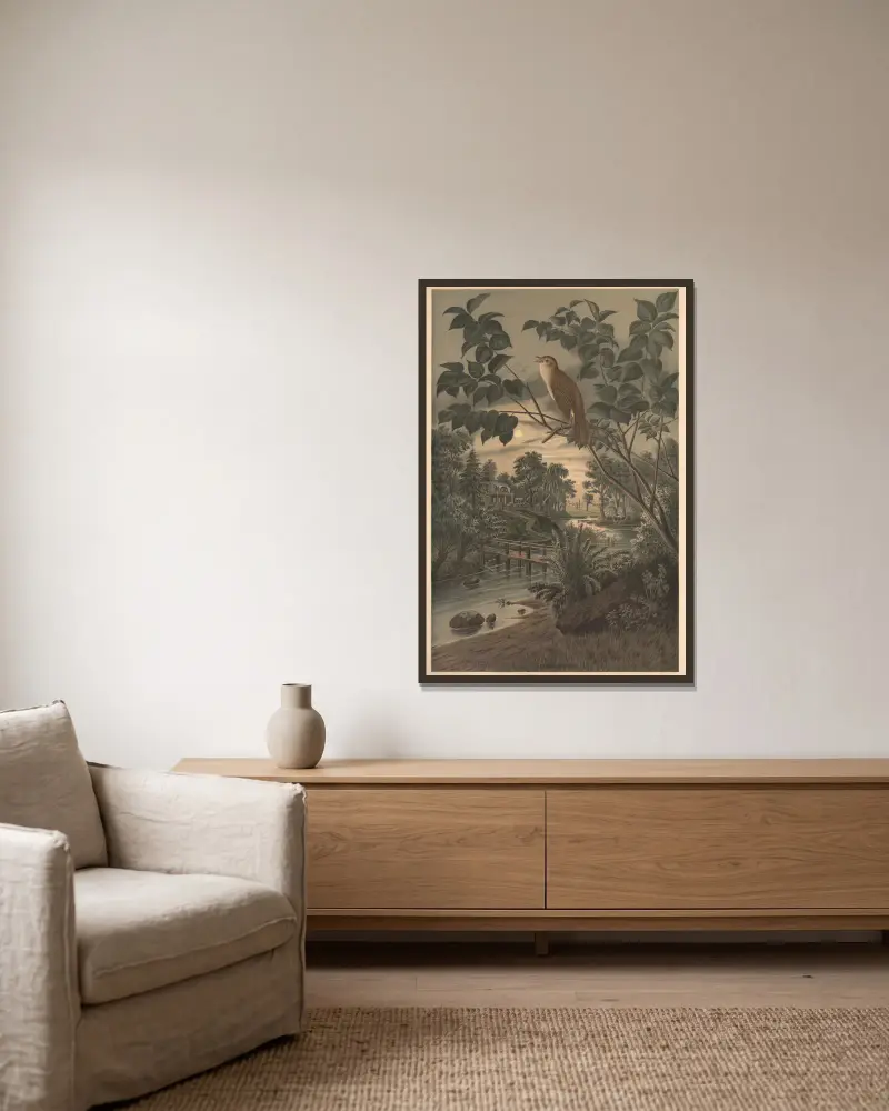 Nachtigall von Emil Schmidt gerahmt an einer Wand