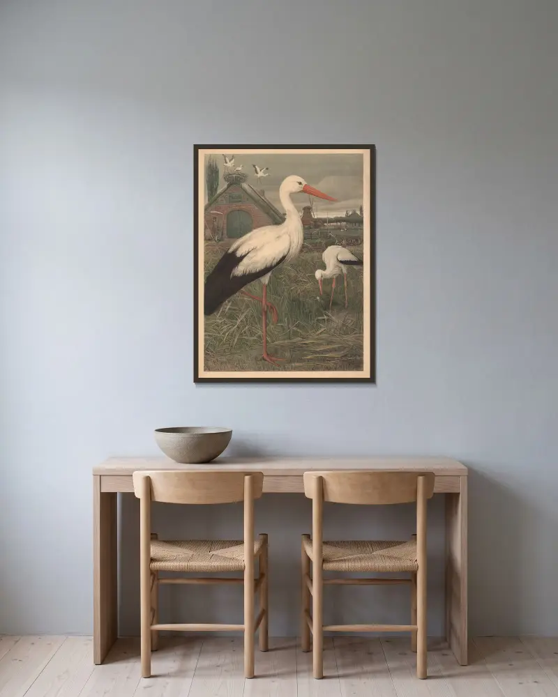 Stork av Emil Schmidt inramad på en vägg