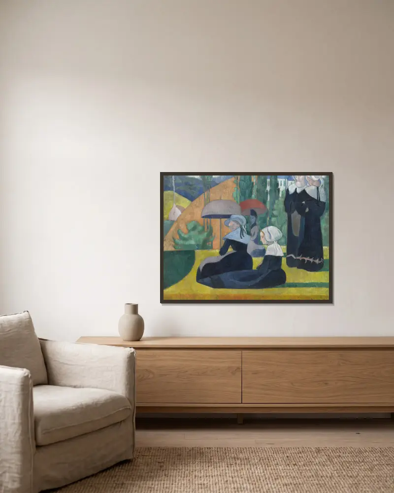 Bretonska kvinnor med paraplyer av Emile Bernard inramad på en vägg