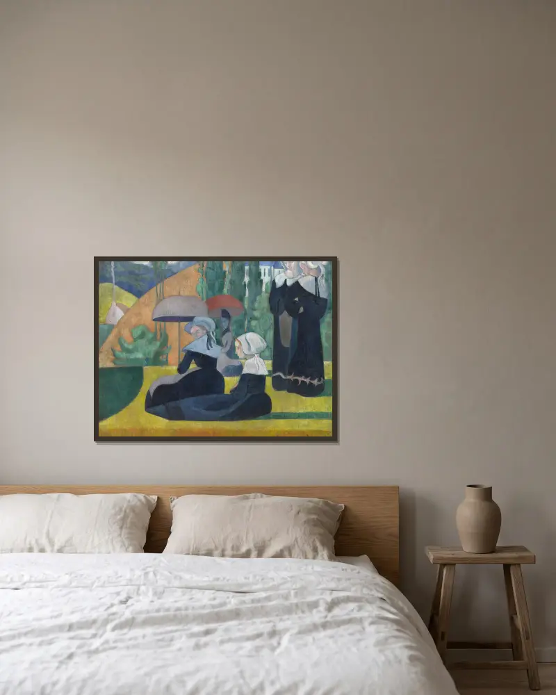 Bretonska kvinnor med paraplyer av Emile Bernard inramad på en vägg