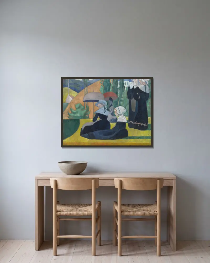 Bretonska kvinnor med paraplyer av Emile Bernard inramad på en vägg