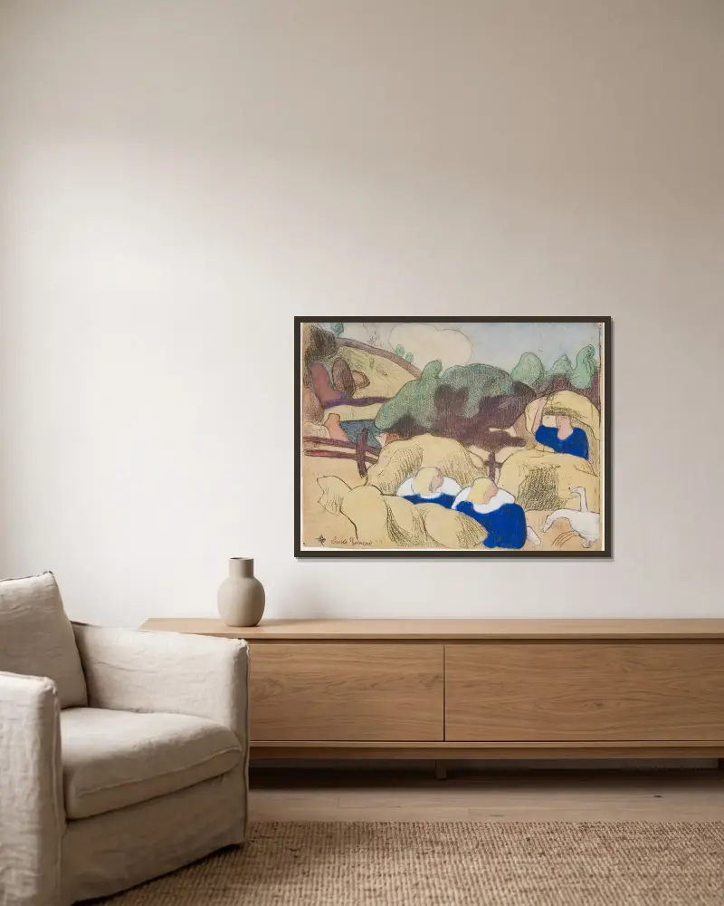 Kvinnor som hässjar hö av Emile Bernard inramad på en vägg