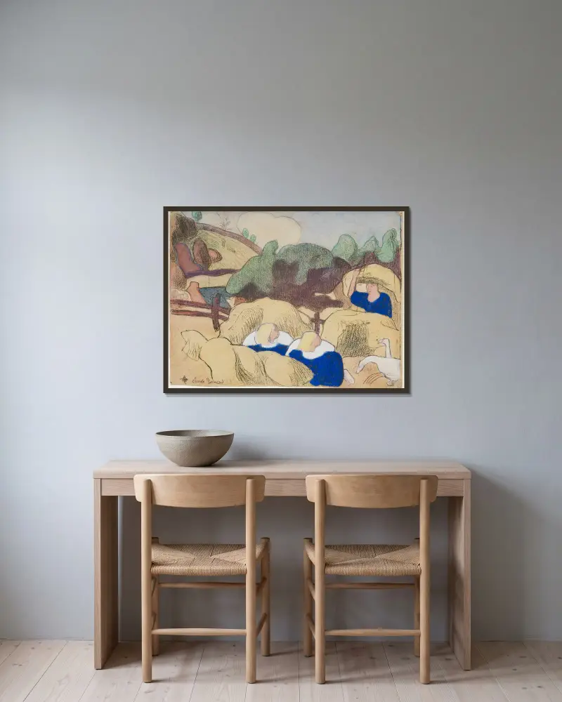 Kvinnor som hässjar hö av Emile Bernard inramad på en vägg