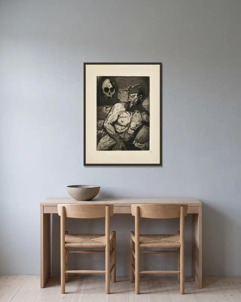 Nr 9 – Ett huvud steg ur den djupa dimman, blint, enormt, fasansfullt, vid himlens andra ände, med två avgrunder av Emile Bernard inramad på en vägg