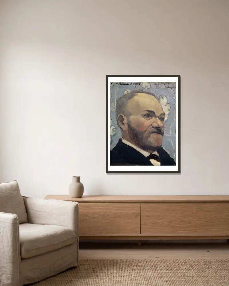 Porträtt av Père Tanguy av Emile Bernard inramad på en vägg