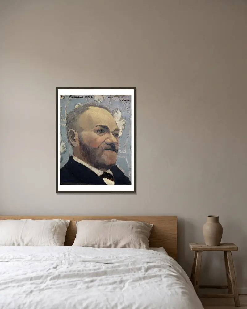 Porträtt av Père Tanguy av Emile Bernard inramad på en vägg