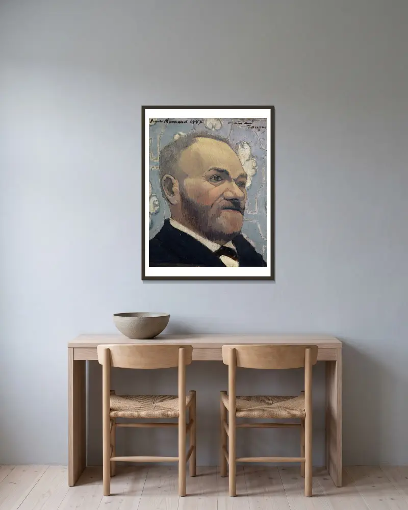 Porträtt av Père Tanguy av Emile Bernard inramad på en vägg