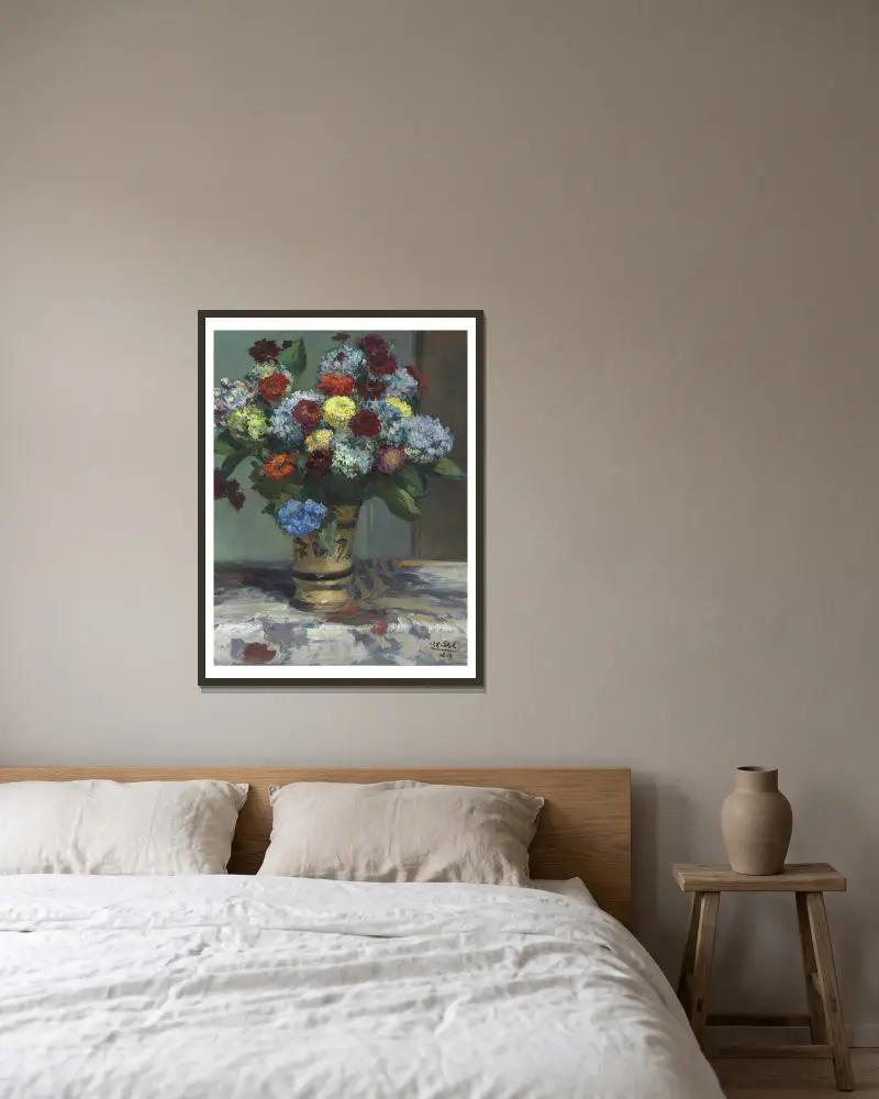 Blomsterbukett med hortensior av Jacques-Émile Blanche inramad på en vägg