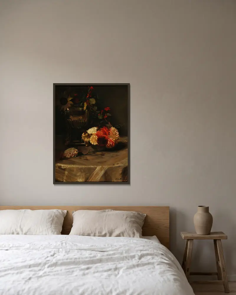 Dahlien und Kapuzinerkresse bei der Silbervase, 1904 von Jacques-Émile Blanche gerahmt an einer Wand