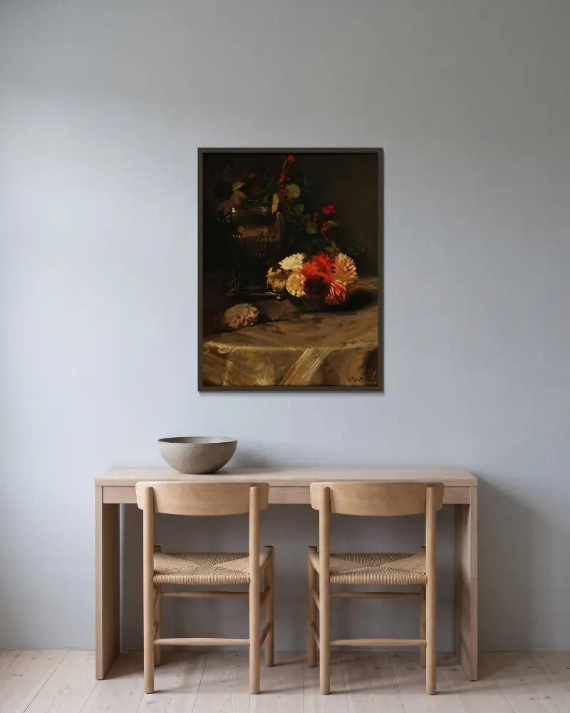 Dahlien und Kapuzinerkresse bei der Silbervase, 1904 von Jacques-Émile Blanche gerahmt an einer Wand