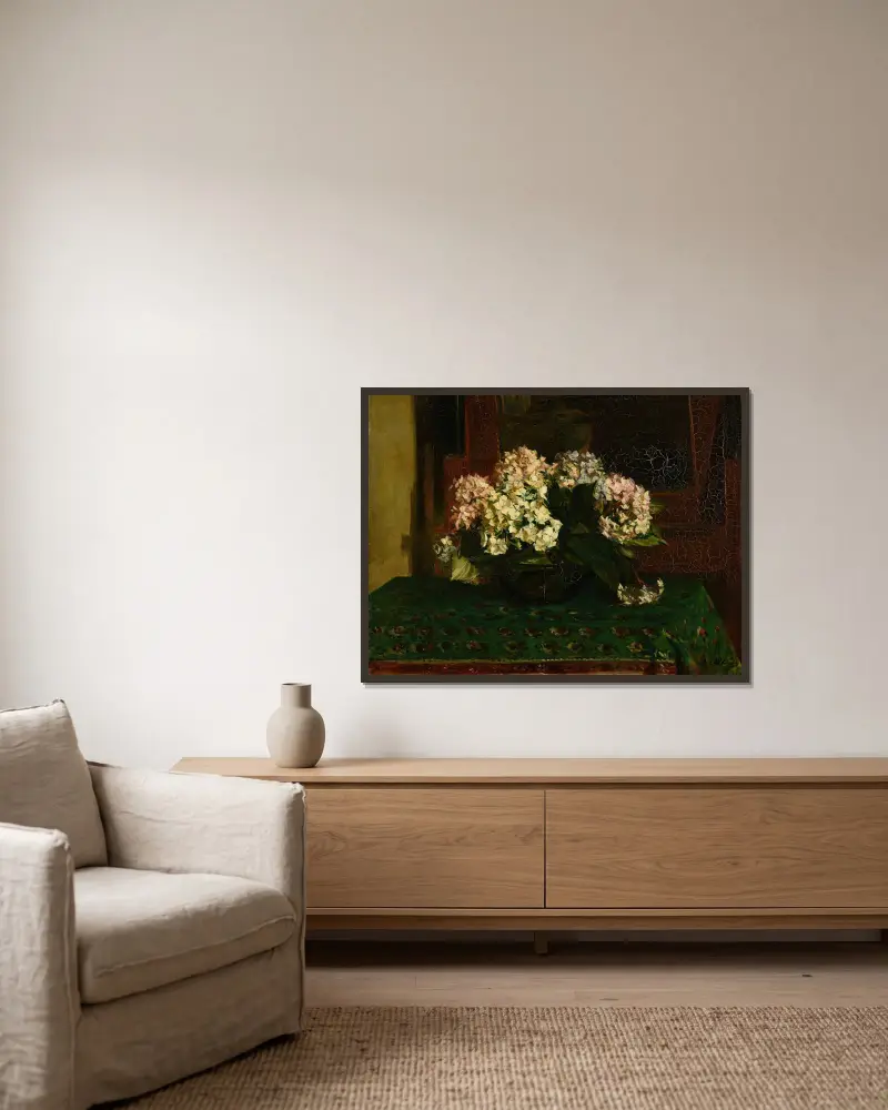 Hortensias (grande chaleur) av Jacques-Émile Blanche inramad på en vägg