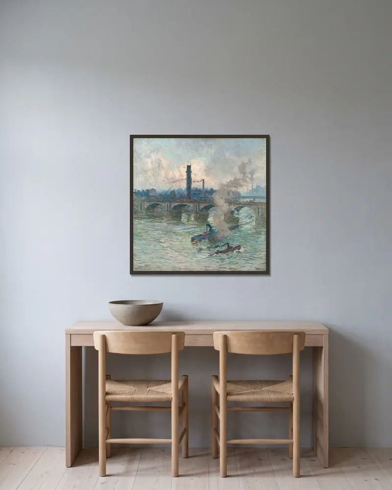 Dis, ånga och rök över Themsen av Emile Claus inramad på en vägg